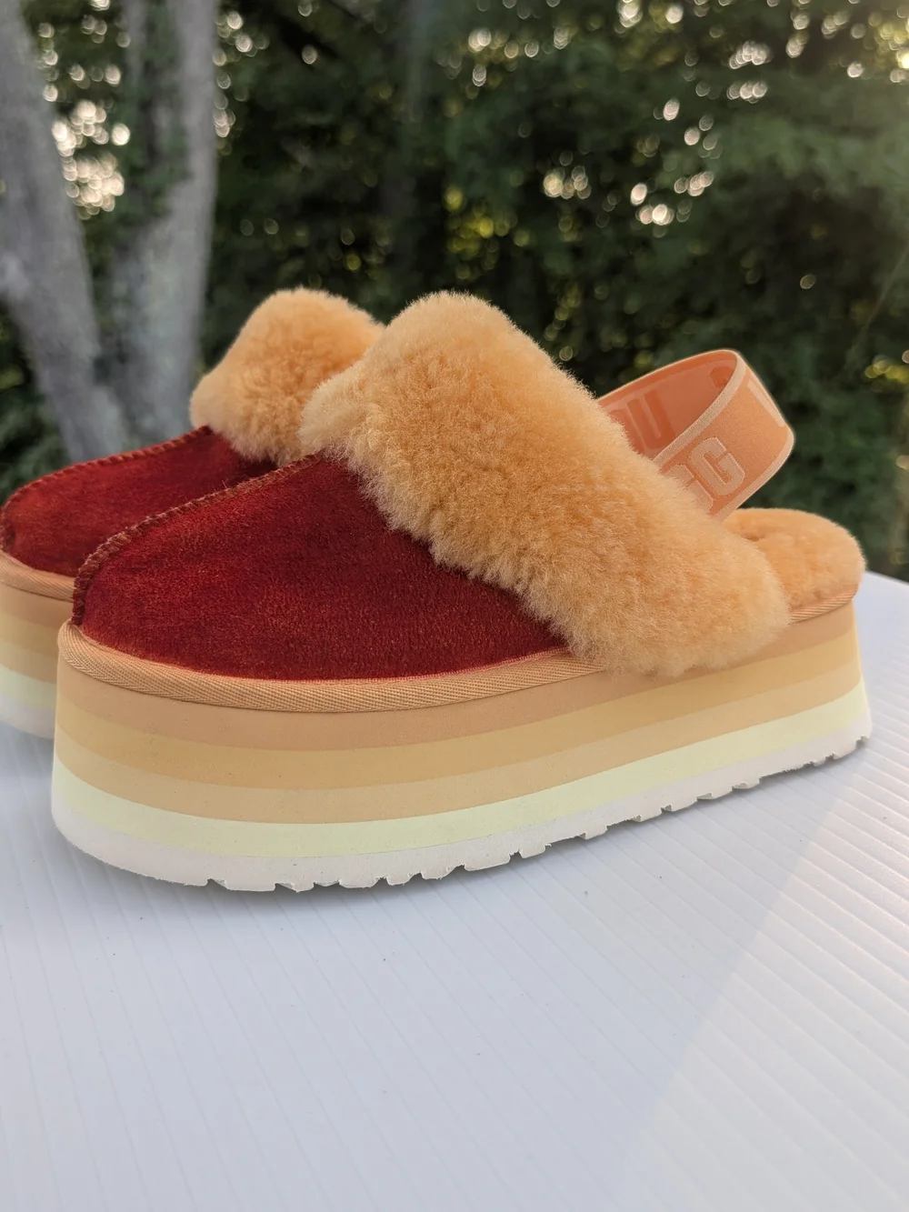 UGG Two-Tone Platform Slide in Orange Faux Fur and Orange Red Upper 7